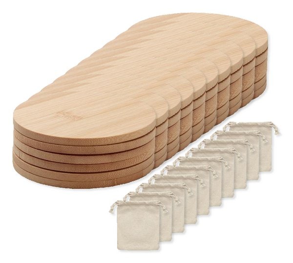 Pack of 10 GiftRetail MO6601 - BAYIN SET Eco-Friendly Bamboo Coasters Set with Cotton Bag